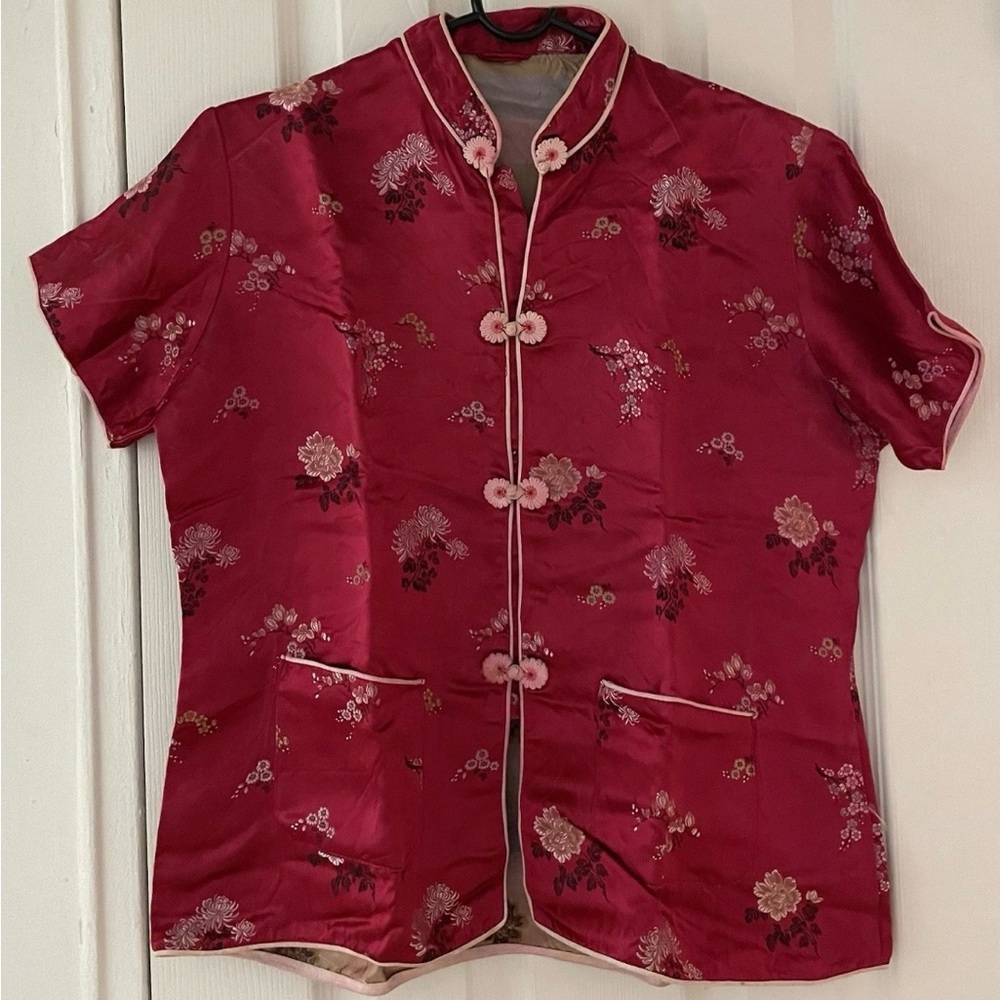 Red Silk Mandarin Collar Traditional Chinese Shirt Top Medium